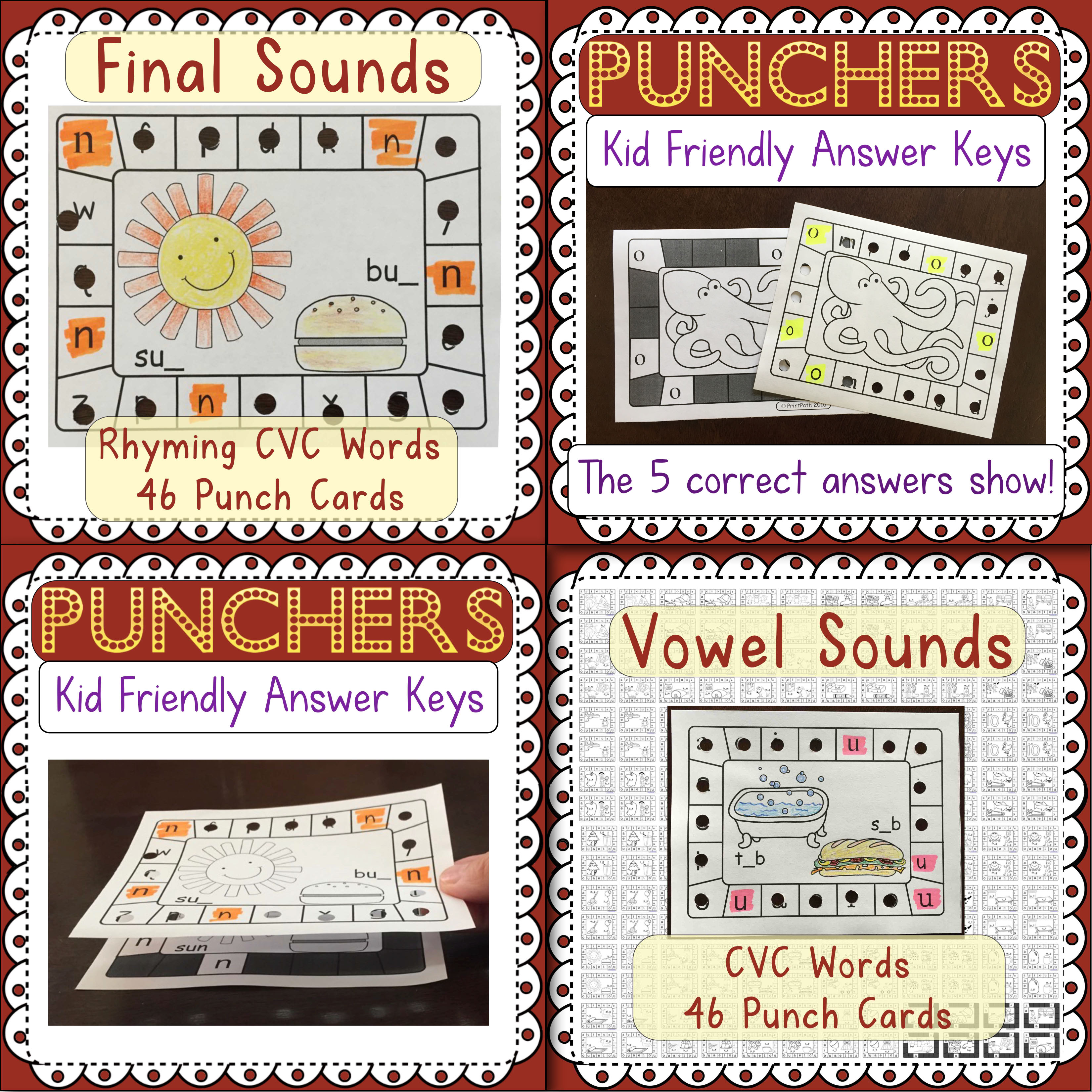 Hole Punch Task Cards BUNDLED Letter ID, Beginning, Final, & Short