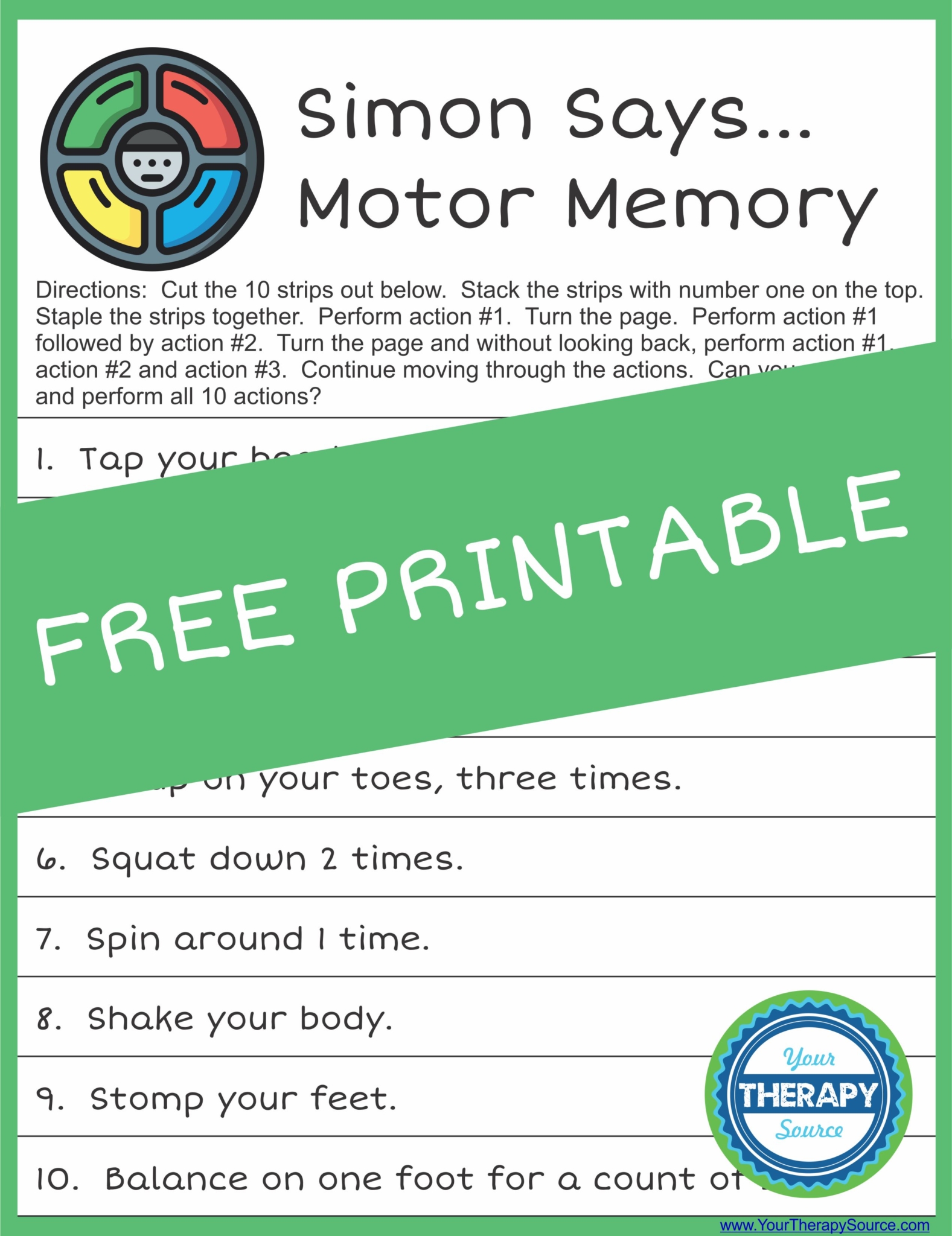 Simon Says Motor Memory Challenge from Your Therapy Source