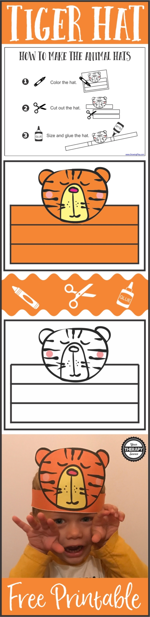 Scissor Skill Freebie - Tiger Hat If you are looking for a quick, cute project to practice coloring, cutting and gluing, download this FREE scissor skills freebie to create a tiger hat.  Not only is the black and white AND color copy free you also get the step by step directions for to follow to complete the activity.