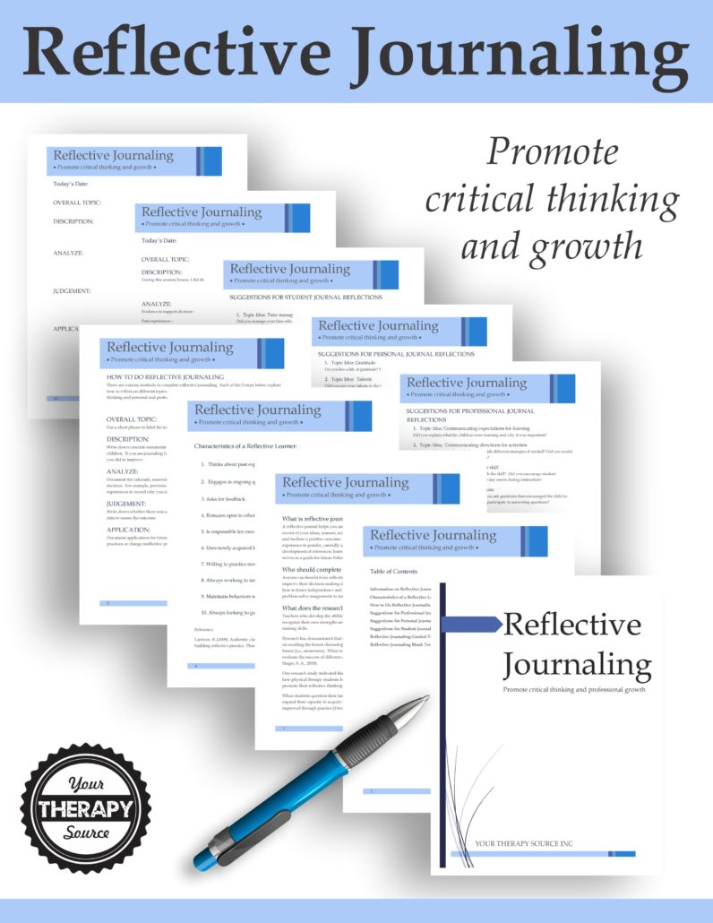 Reflective Journaling for Therapists, Teachers, Parents and Students digital download includes the materials to help you analyze your personal and professional growth.  By keeping a record of your ideas, reasons, actions, techniques, and assessments you can play for your future and facilitate a positive outcome.  