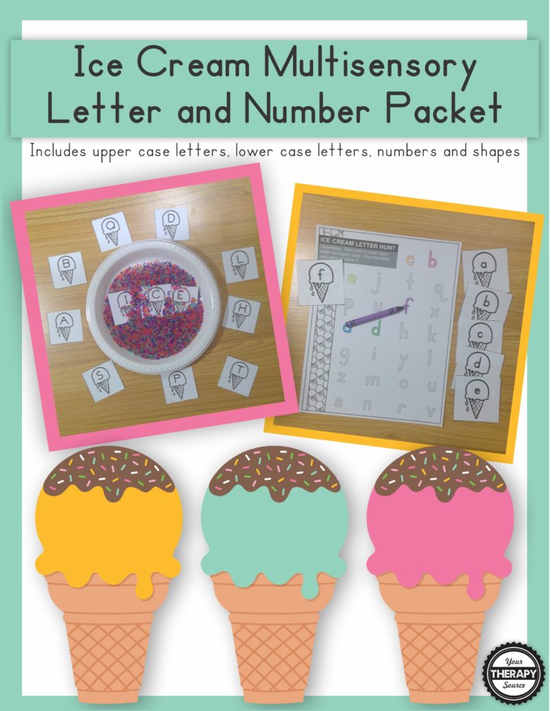 The Ice Cream Multisensory Prewriting Practice Packet digital download includes various activities to support prewriting skills and letter identification.