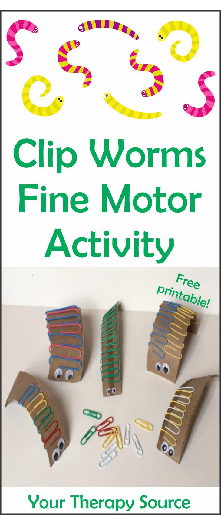 The clip worm fine motor activity is a simple and economical challenge for little fingers and hands.  To start, dig through your recycle bin and grab some cardboard!  You can download a FREE hand out of this activity at the bottom of the post.