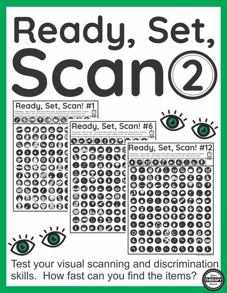 Ready, Set, Scan Level 2 is a digital download of visual scanning exercises that includes 12 visual scanning and discrimination activities.