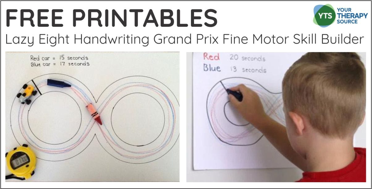 If you want to practice pre-writing skills, crossing midline, and fine motor skills, check out this FREE printable packet - Lazy Eight Handwriting Grand Prix Fine Motor Skill Builder.  You can download it for free at the end of this post. 