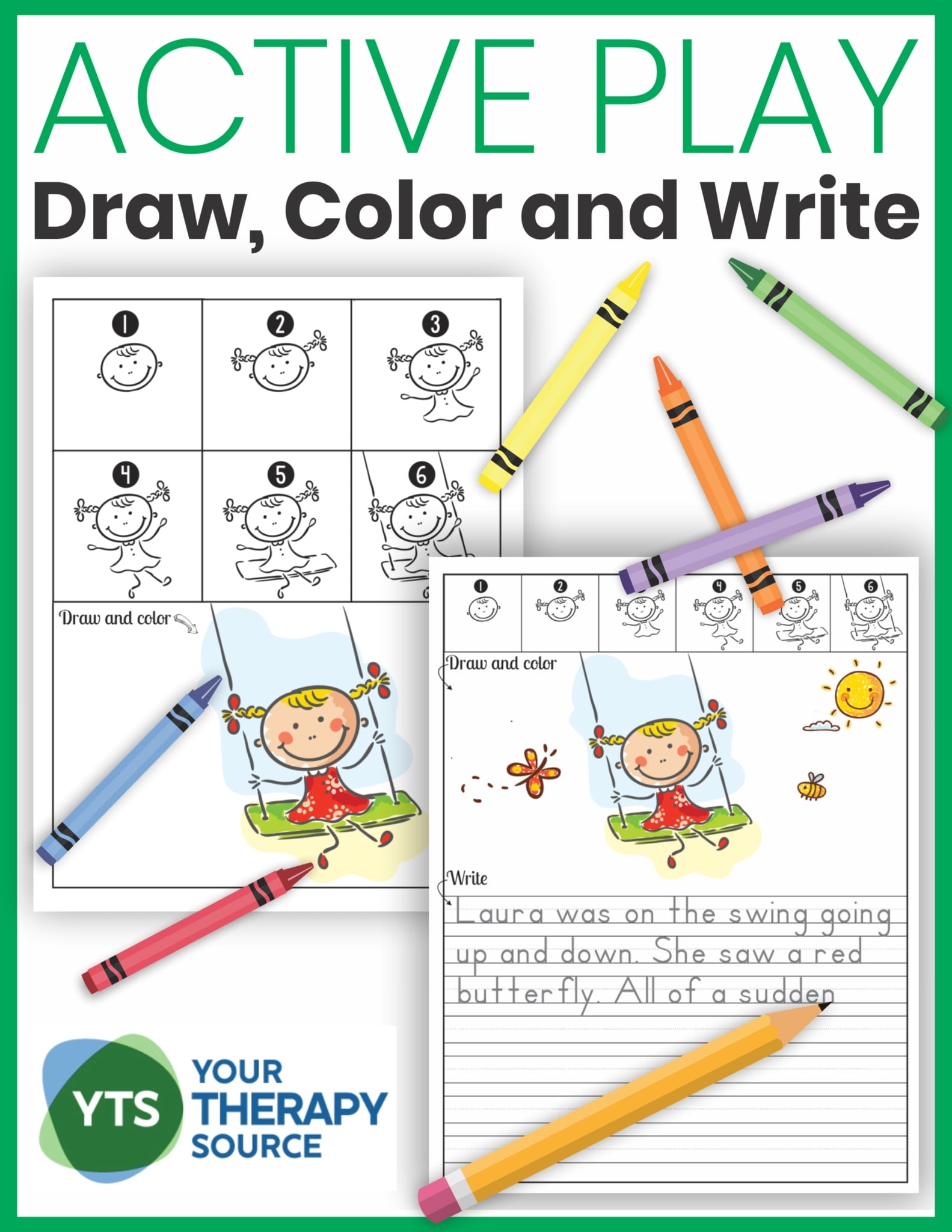 The Draw, Color, and Write - Active Play packet includes 10 step by step directed drawings to help children learn how to draw simple cartoon figures and provide inspiration for writing.