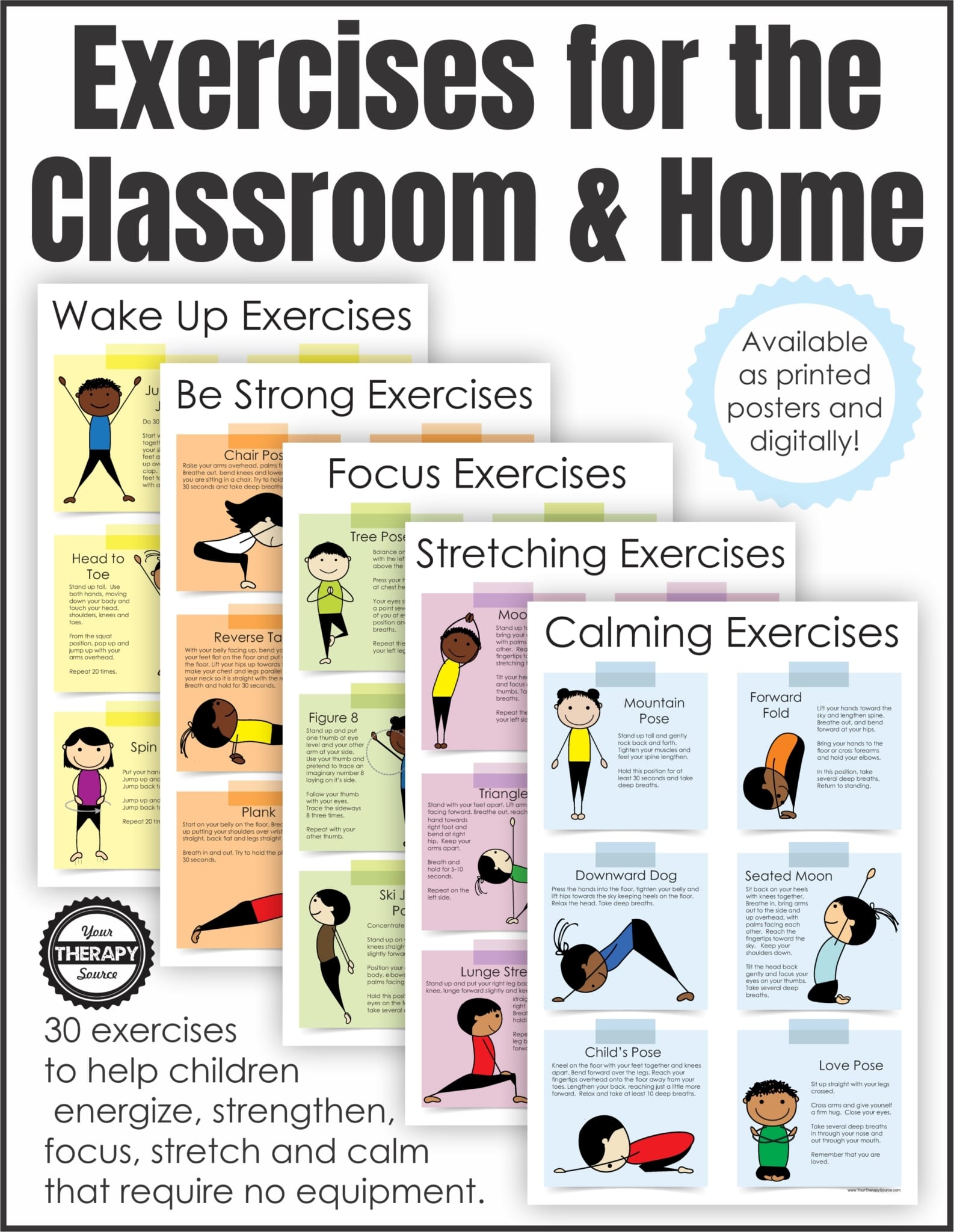 Exercises for the Classroom and Home is a set of 5 posters to encourage simple fitness activities for students. 