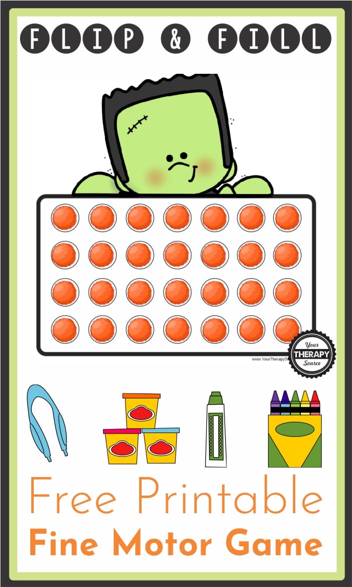 This Halloween themed fine motor game requires fine motor skills to fill in the 28 circles that Frankenstein is holding and you can download it for FREE.