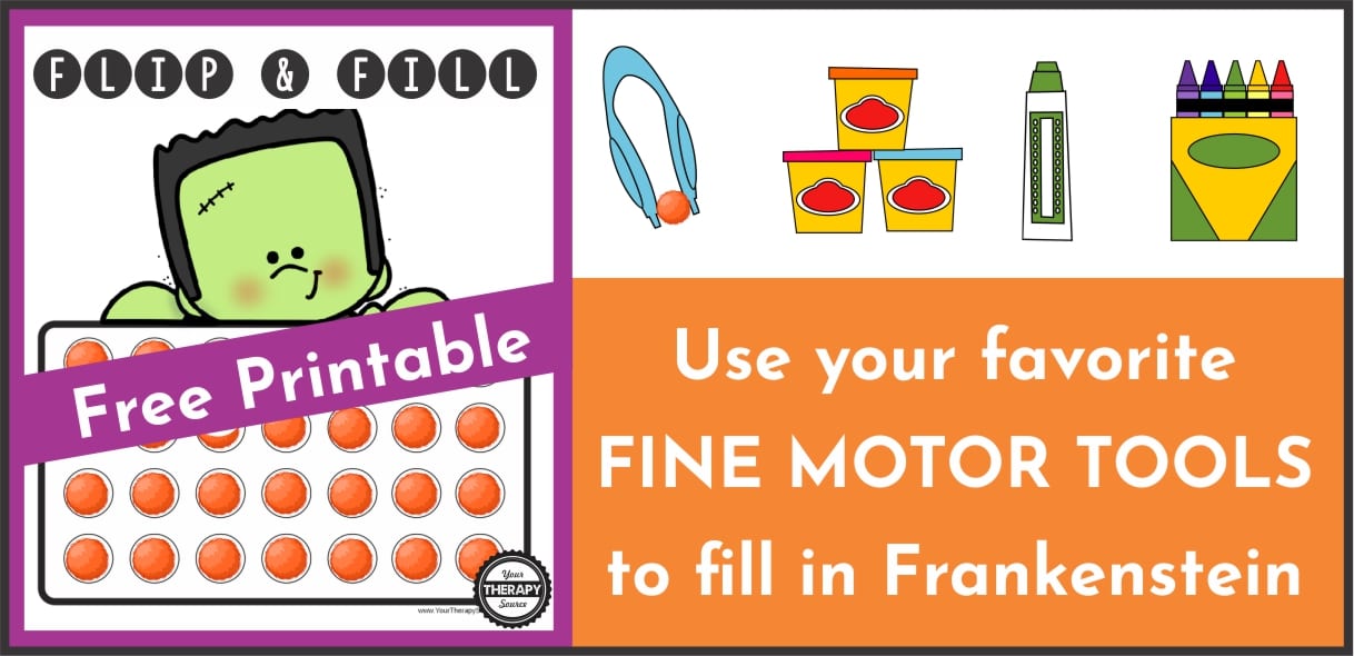 This Halloween themed fine motor game requires fine motor skills to fill in the 28 circles that Frankenstein is holding and you can download it for FREE