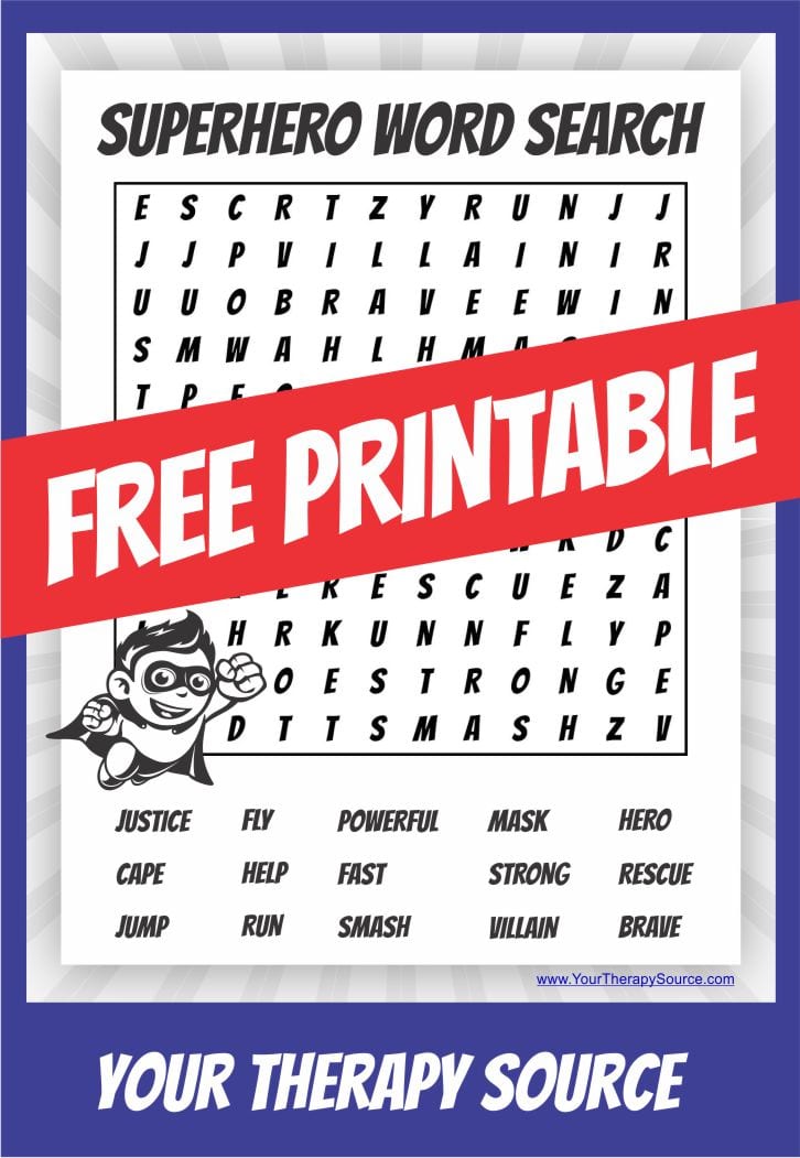 If you have a super hero theme at your school, download this free super hero word search. Get more superhero resources from YourTherapySource.