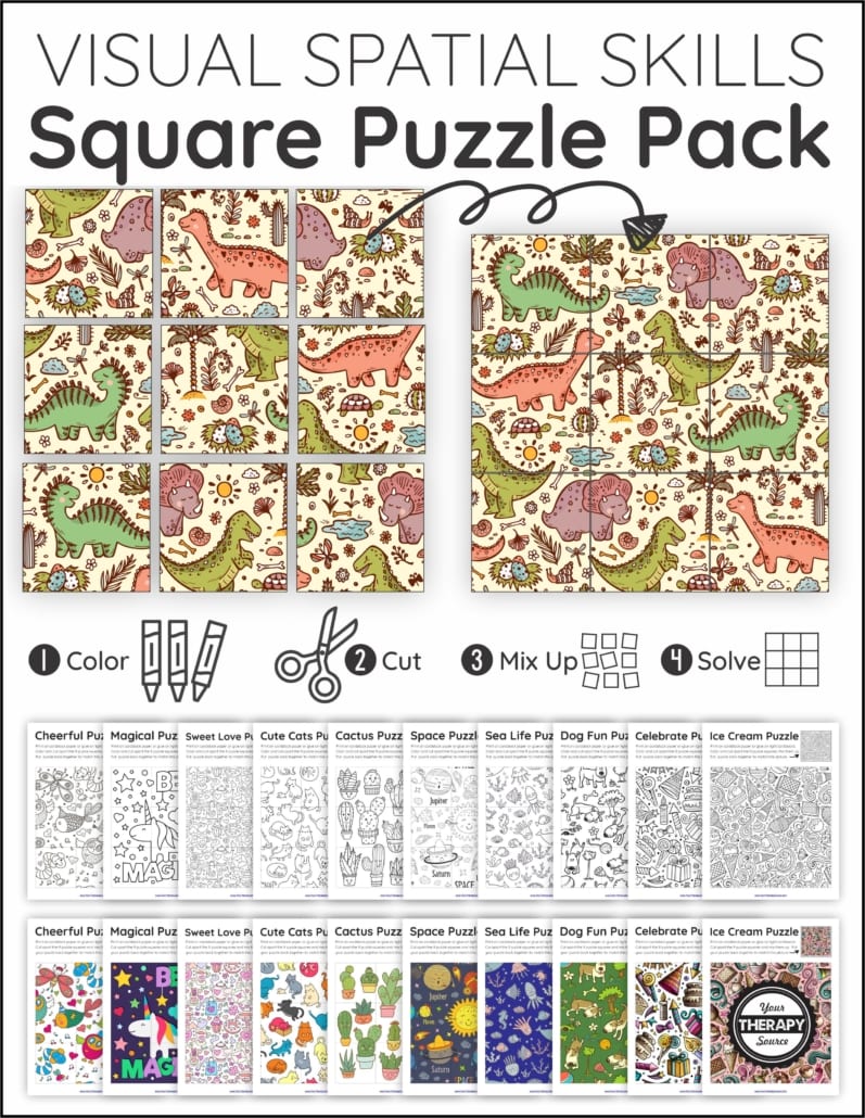 The Visual Spatial Puzzles - Square Puzzle Pack includes 11 puzzles to challenge the ability to visually perceive two or more objects in relation to each other.