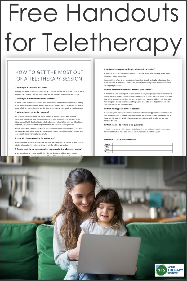 The world of teletherapy is very new right now to many occupational and physical therapists.  With so many schools closed and social distancing in place, pediatric therapists are working hard to learn a new delivery system.  This FREE two page handout of teletherapy tips can help parents to learn how to get the most out of a session.