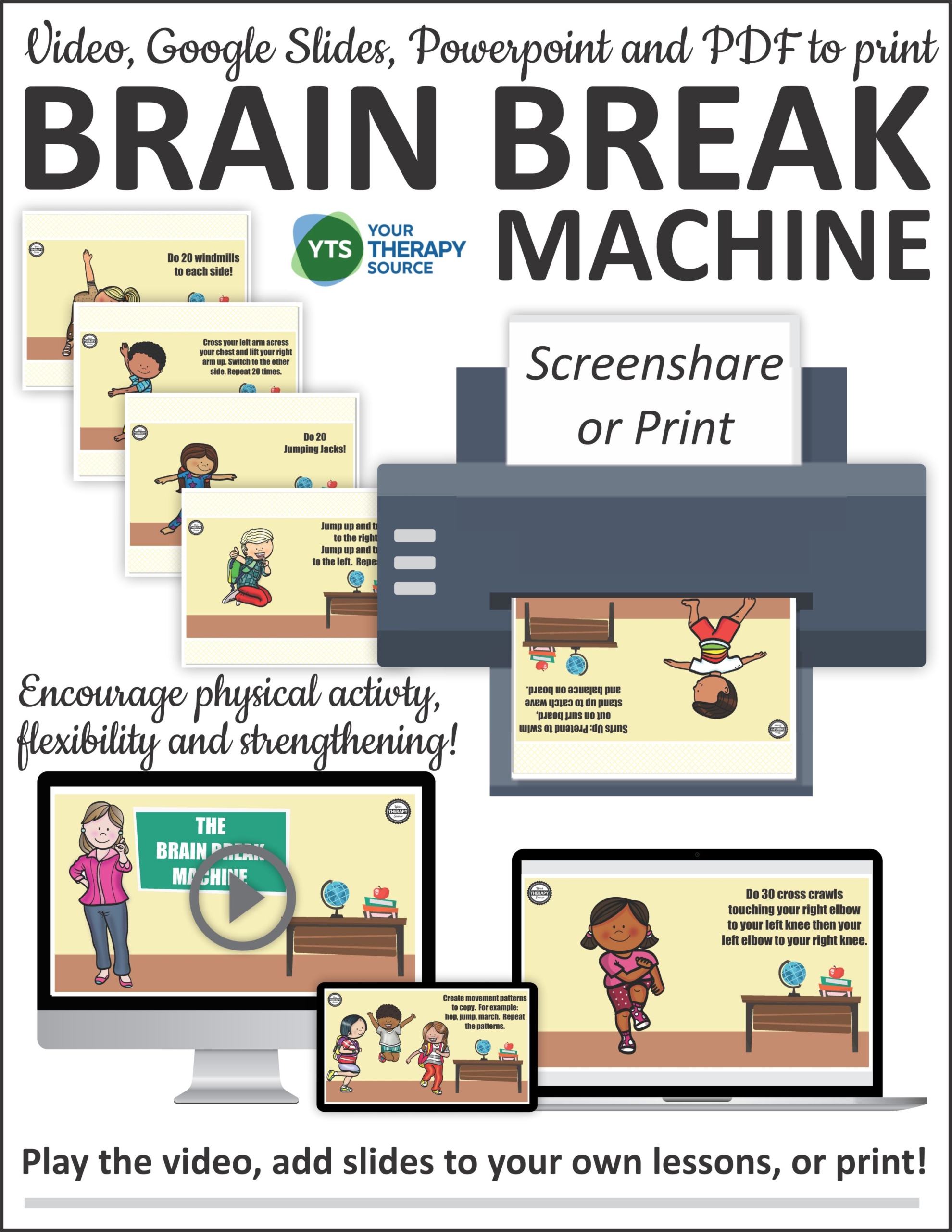 If you are doing in person or distance learning, the Brain Breaks for Kids digital set includes 50 quick, exercise breaks for in the classroom or online learning.