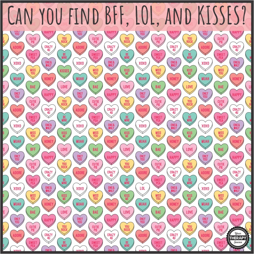 This conversation heart printable puzzle challenges your visual scanning and visual discrimination skills to see if you can find the unique hearts.