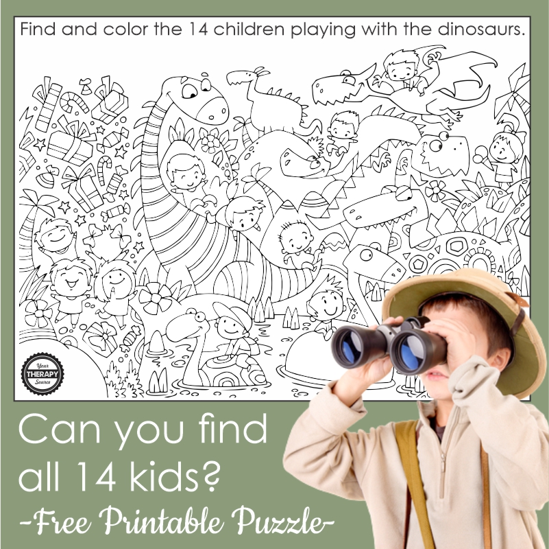 I Spy Dinosaurs printable PDF is a simple find and color activity featuring 14 kids to search for in the black and white picture.