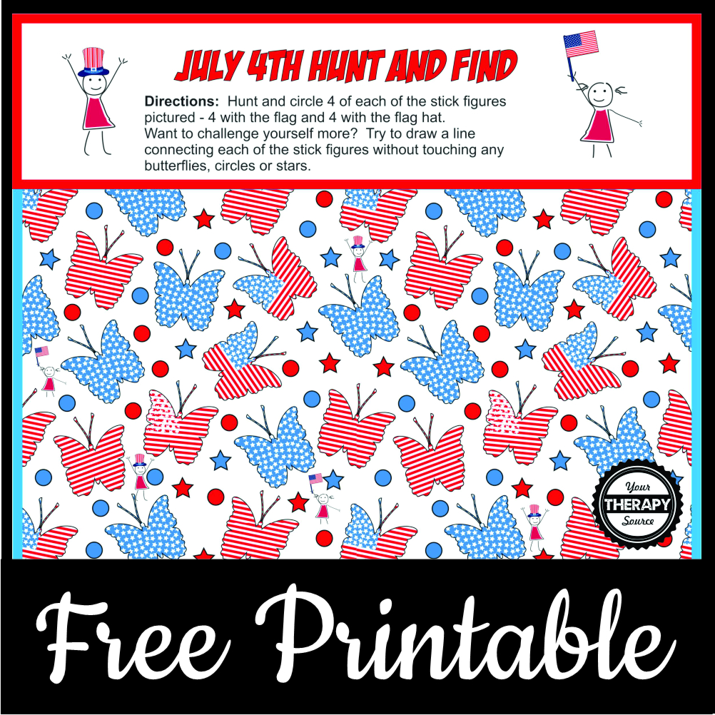 Download your free copy of this July 4th seek and find pdf free printable visual motor puzzle from Your Therapy Source.